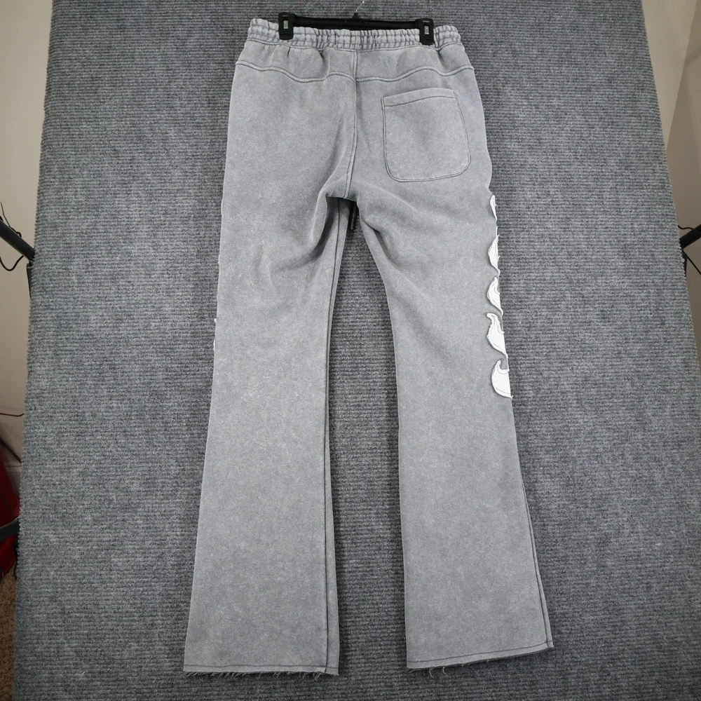 Copper Rivet Sweatpants Mens XL Flame Applique Acid Wash Grey Flared Streetwear